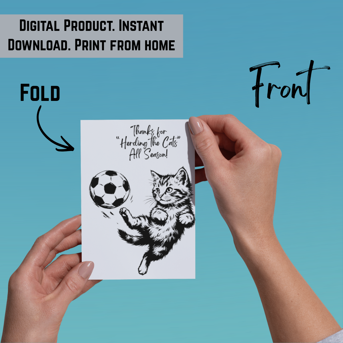 One side of the THank you card featuring a kitten kicking a soccer ball. 