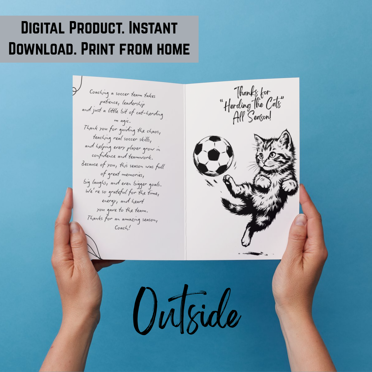 The outside of the card featuring a kitten kicking a ball and the thank you note.