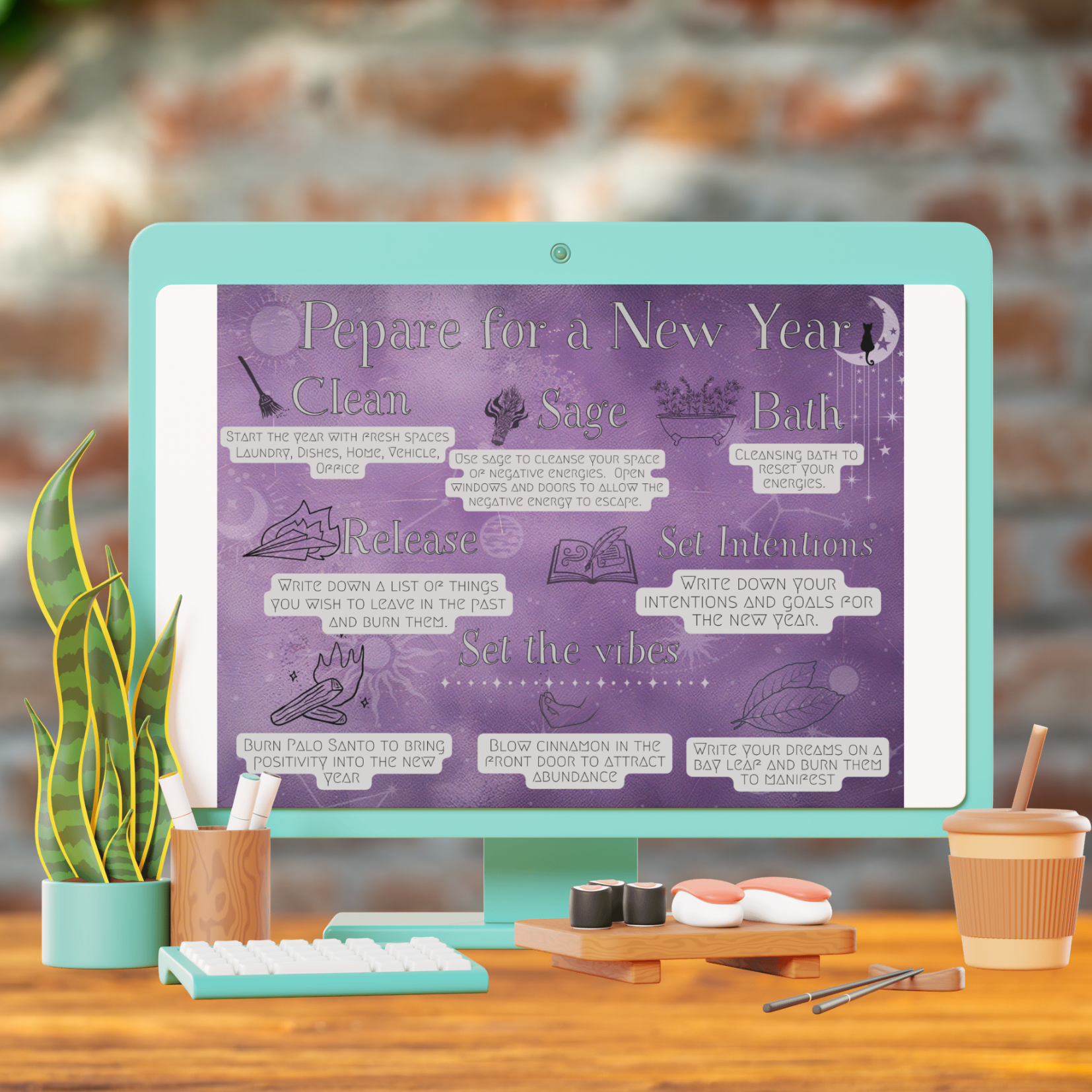 Purple witchy background with steps to prepare for a new year