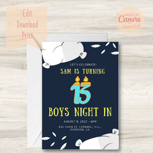Invitation Template for a boys 13th birthday sleepover.  Invitation says "Let's Celebrate Sam is turning 13 Boy Night In." 
