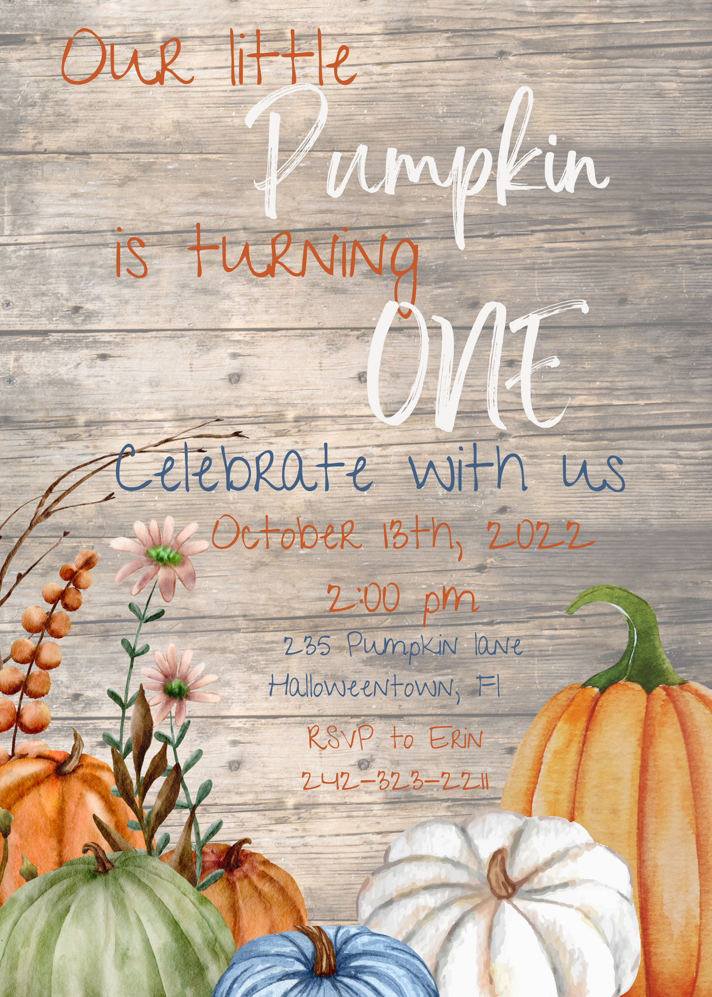 Our Little Pumpkin is One themed Birthday Invitation