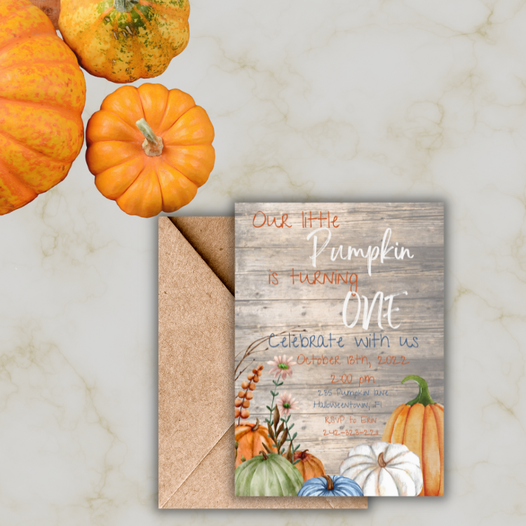Our Little Pumpkin is One themed Birthday Invitation